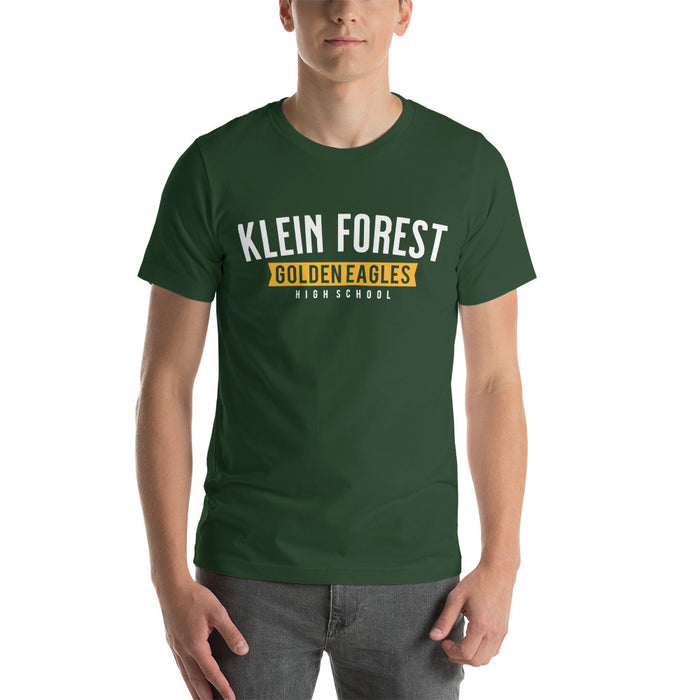 Man wearing a Klein Forest High School Premium Forest Green Unisex T-shirt 21