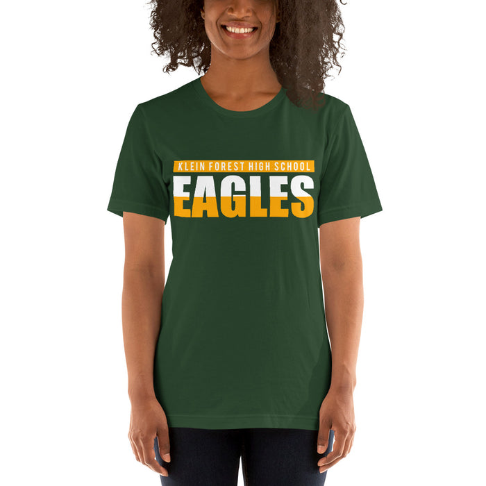 Woman wearing a Klein Forest High School Premium Forest Green Unisex T-shirt 25