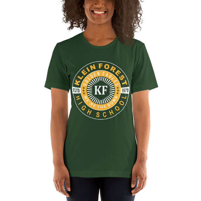 Woman wearing a Klein Forest High School Premium Forest Green Unisex T-shirt 30