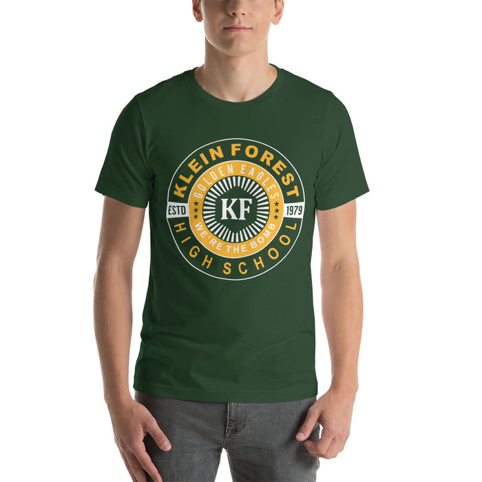 Man wearing a Klein Forest High School Premium Forest Green Unisex T-shirt 30