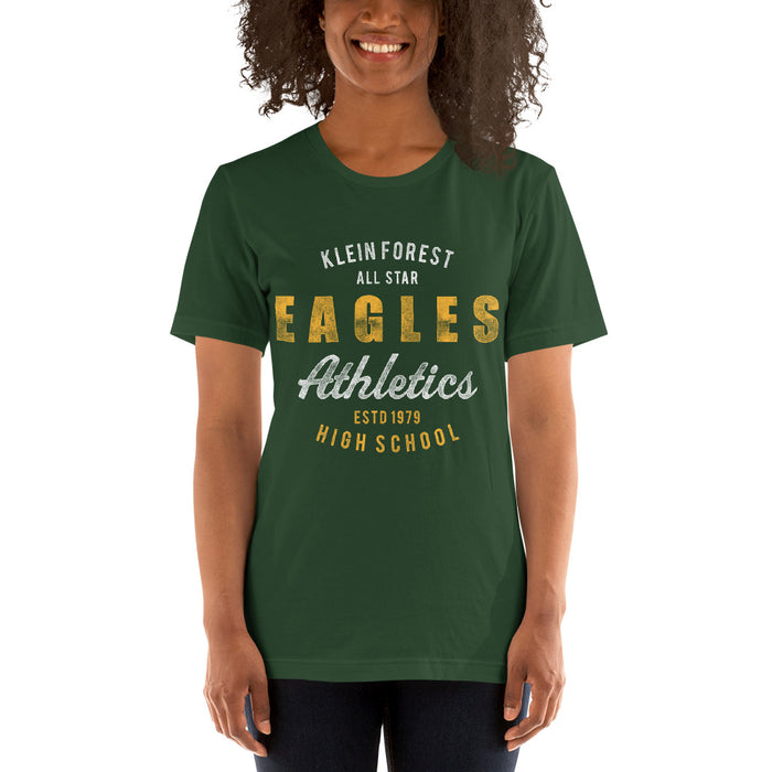 Woman wearing a Klein Forest High School Premium Forest Green Unisex T-shirt 34