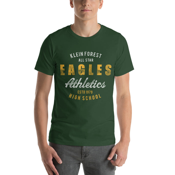 Man wearing a Klein Forest High School Premium Forest Green Unisex T-shirt 34