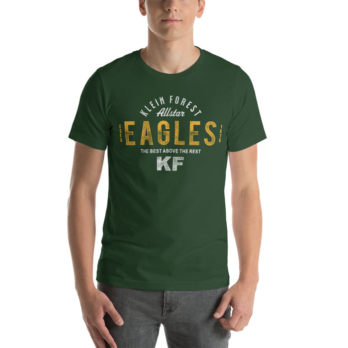 Man wearing a Klein Forest High School Premium Forest Green Unisex T-shirt 40