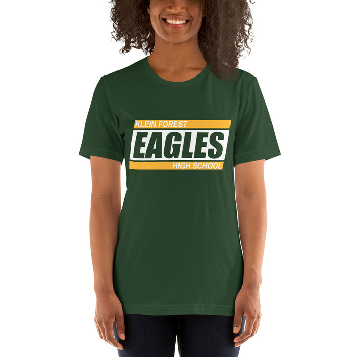 Woman wearing a Klein Forest High School Premium Forest Green Unisex T-shirt 72