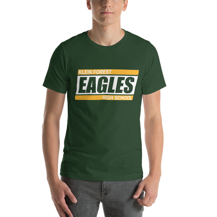 Man wearing a Klein Forest High School Premium Forest Green Unisex T-shirt 72