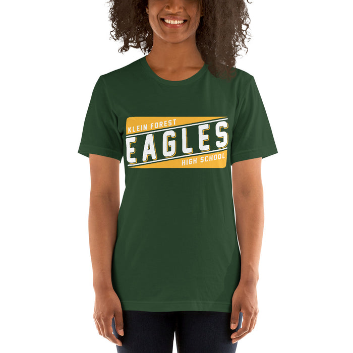 Woman wearing a Klein Forest High School Premium Forest Green Unisex T-shirt 84