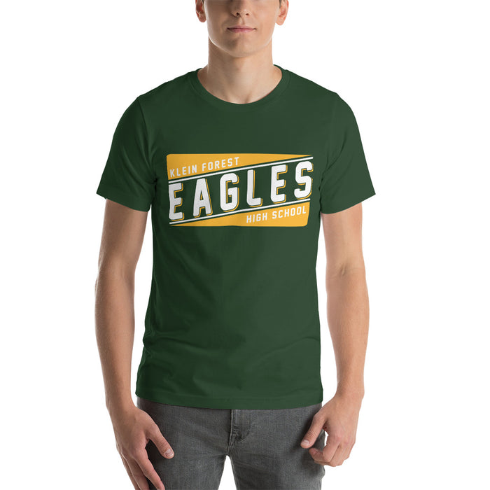 Man wearing a Klein Forest High School Premium Forest Green Unisex T-shirt 84