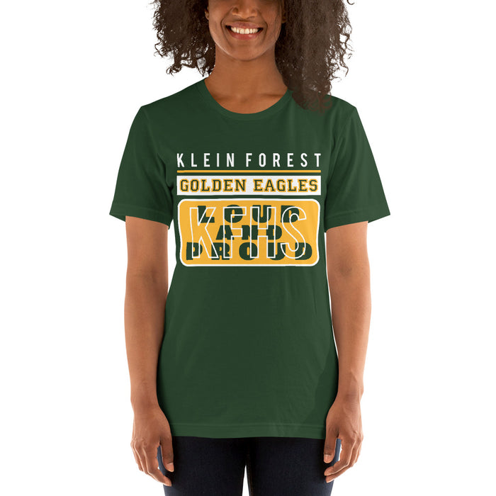 Woman wearing a Klein Forest High School Premium Forest Green Unisex T-shirt 86