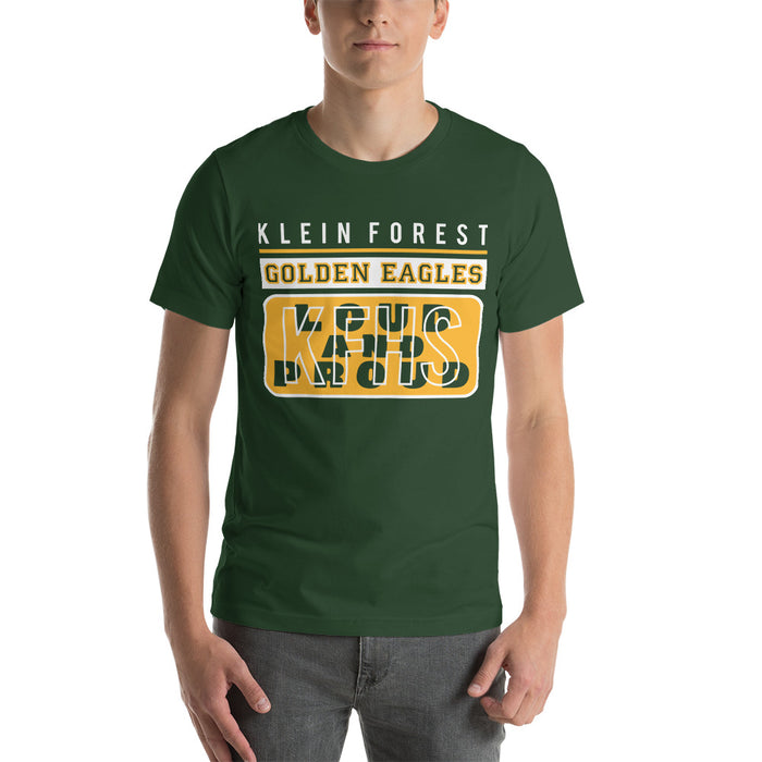 Man wearing a Klein Forest High School Premium Forest Green Unisex T-shirt 86