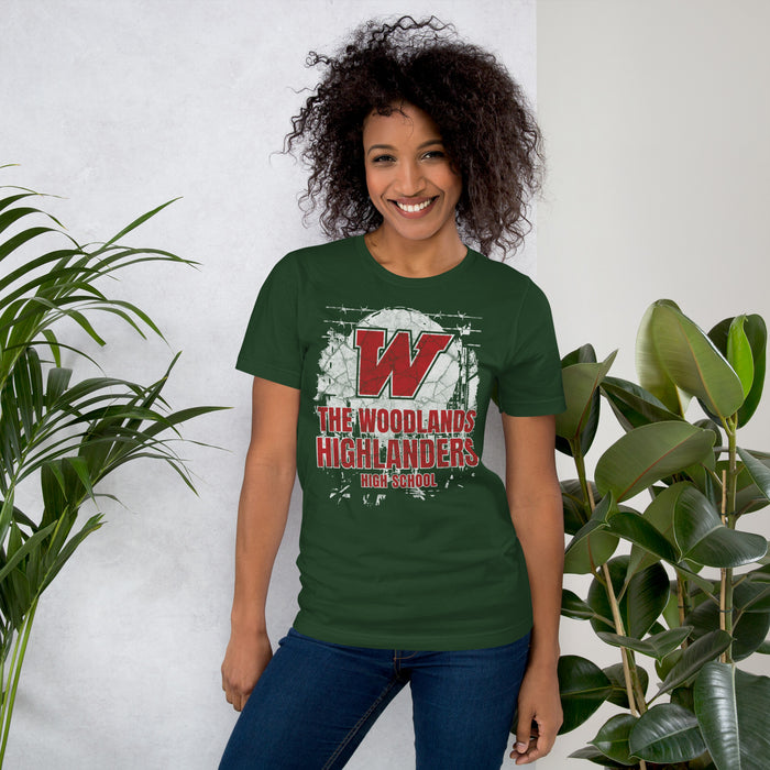 Woman wearing The Woodlands High School Forest Green Premium Unisex T-shirt 201