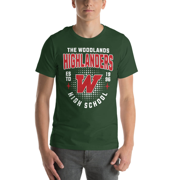 Man wearing The Woodlands High School Forest Green Premium Unisex T-shirt 203