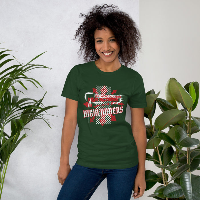 Woman wearing The Woodlands High School Forest Green Premium Unisex T-shirt 205