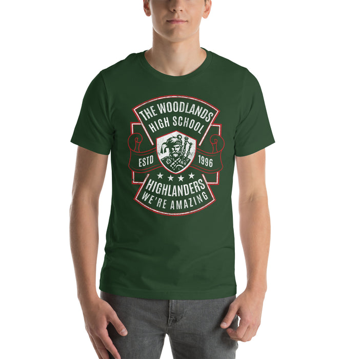 Man wearing The Woodlands High School Forest Green Premium Unisex T-shirt 208