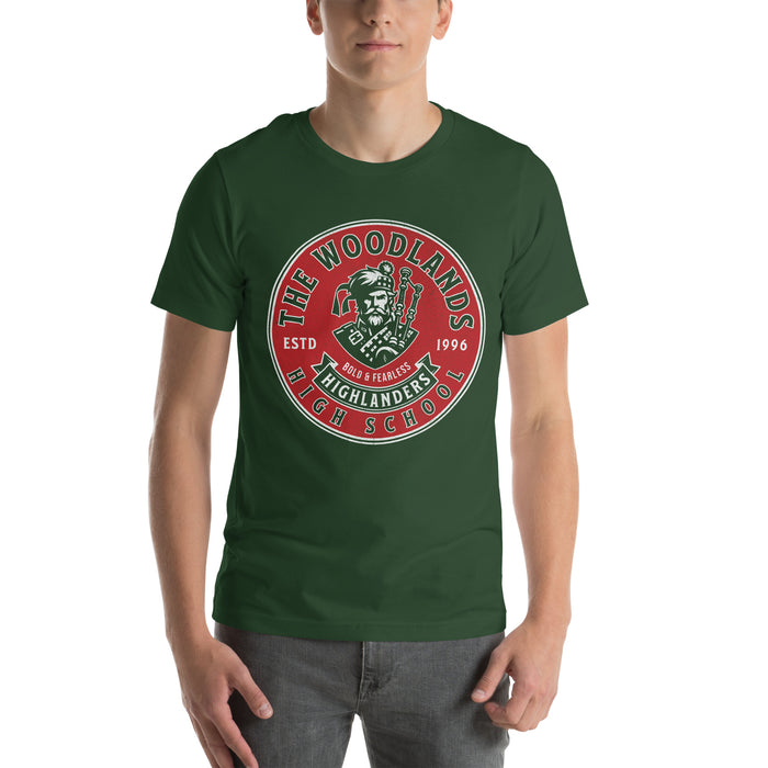 Man wearing The Woodlands High School Forest Green Premium Unisex T-shirt 214