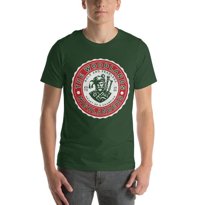 Man wearing a The Woodlands High School Forest Green Premium Unisex T-shirt 215