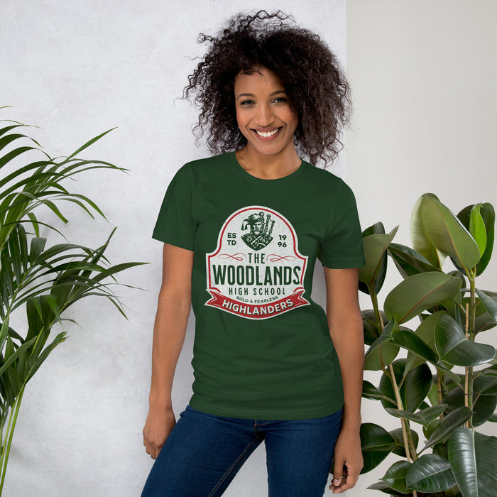 Woman wearing The Woodlands High School Forest Green Premium Unisex T-shirt 218