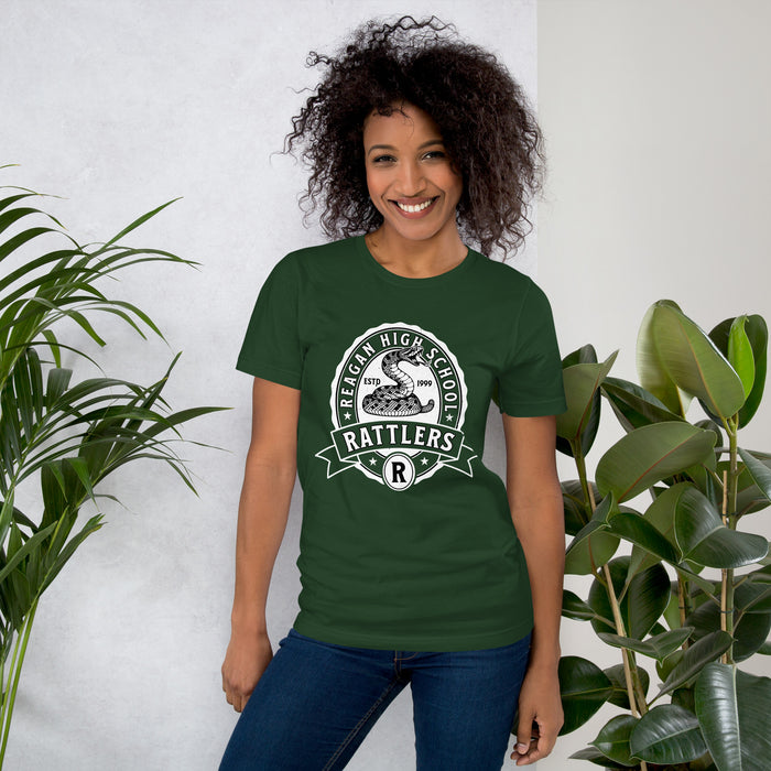 Woman wearing Reagan High School Rattlers Dark Green Premium Unisex T-shirt 212