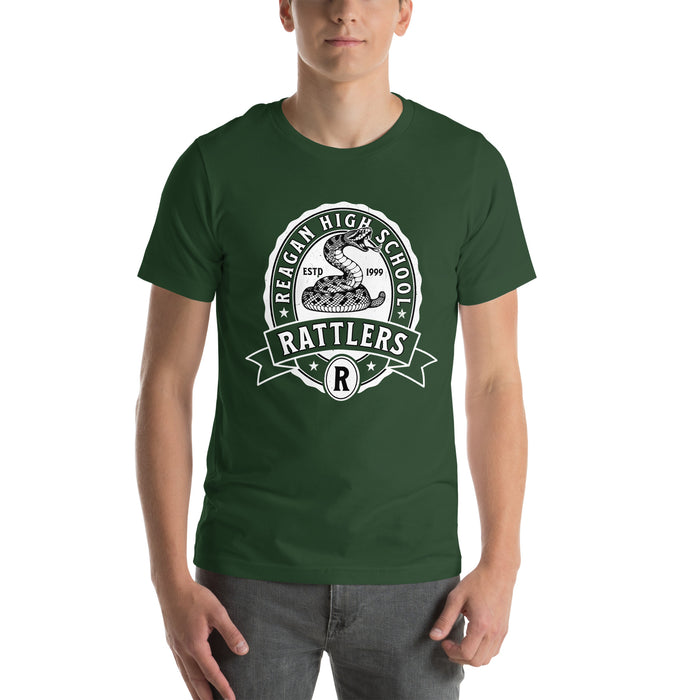 Man wearing Reagan High School Rattlers Dark Green Premium Unisex T-shirt 212