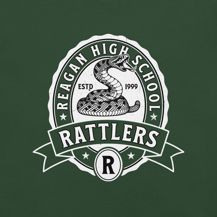 Close-up view of Reagan High School Rattlers Dark Green Premium Unisex T-shirt 212