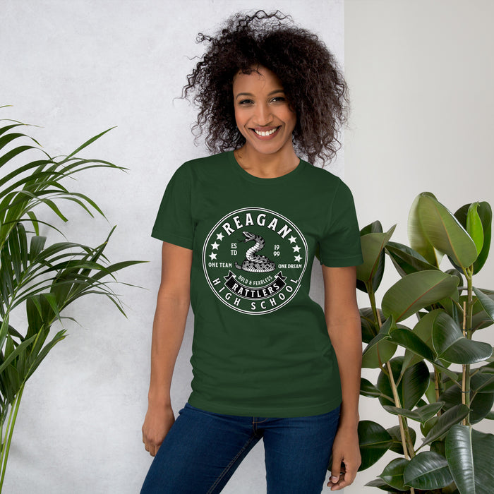 Woman wearing Reagan High School Rattlers Dark Green Premium Unisex T-shirt 215