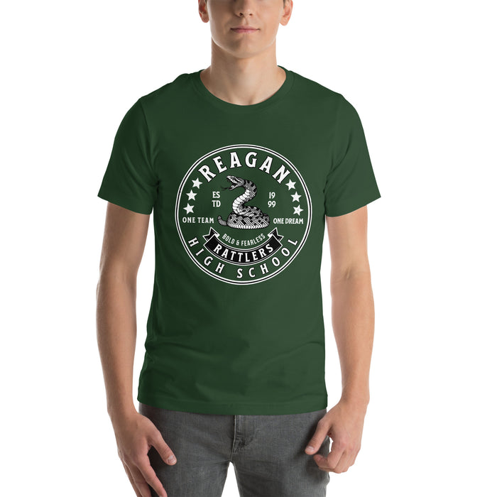 Man wearing Reagan High School Rattlers Dark Green Premium Unisex T-shirt 215