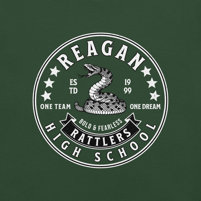 Close-up view of Reagan High School Rattlers Dark Green Premium Unisex T-shirt 215