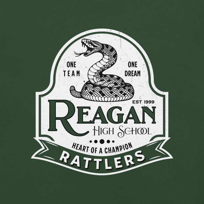 Close-up view of Reagan High School Rattlers Dark Green Premium Unisex T-shirt 219