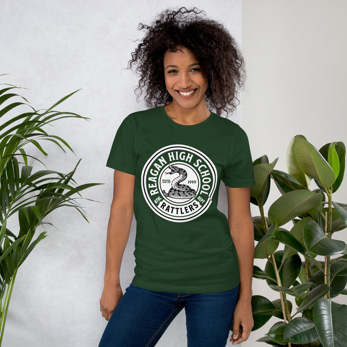 Woman wearing Reagan High School Rattlers Dark Green Premium Unisex T-shirt 220