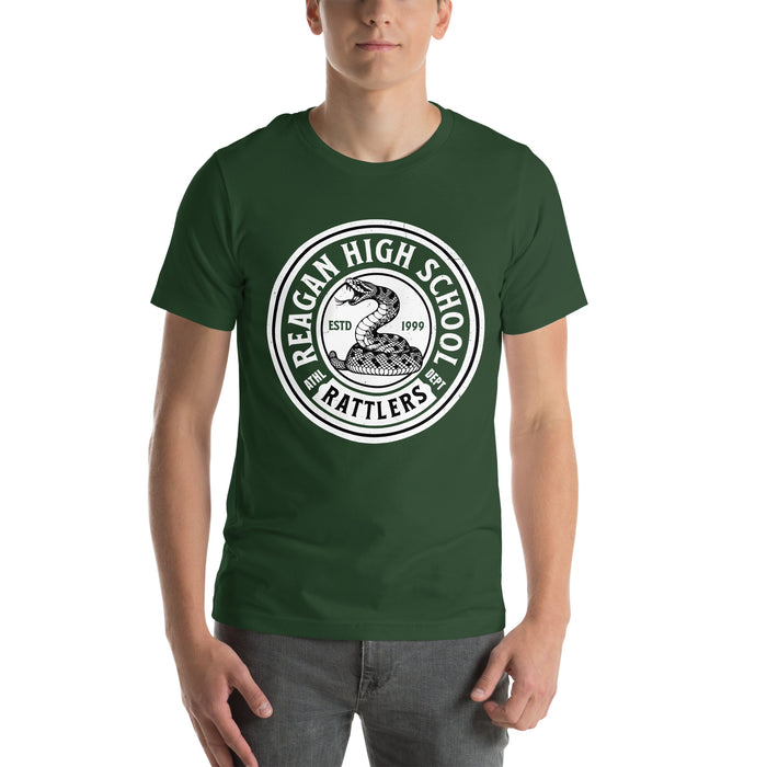 Man wearing Reagan High School Rattlers Dark Green Premium Unisex T-shirt 220