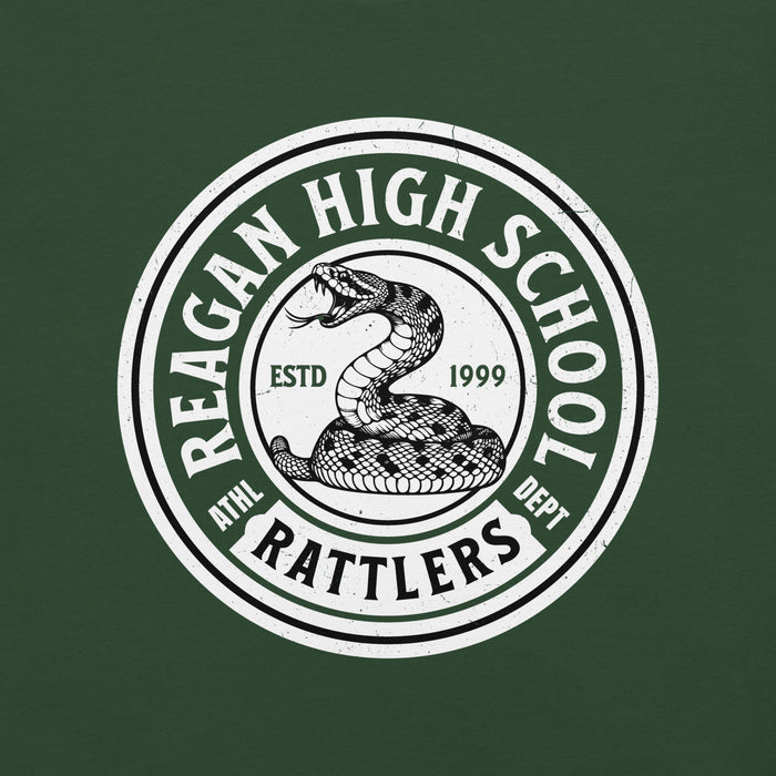 Close-up view of Reagan High School Rattlers Dark Green Premium Unisex T-shirt 220