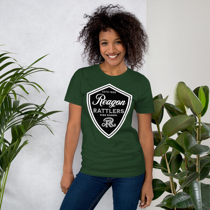 Woman wearing Reagan High School Rattlers Dark Green Premium Unisex T-shirt 225