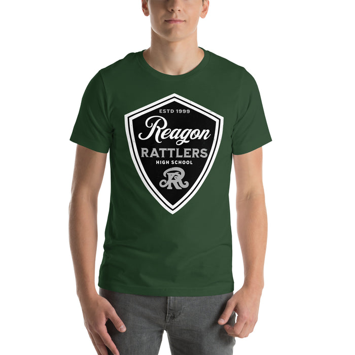 Man wearing Reagan High School Rattlers Dark Green Premium Unisex T-shirt 225