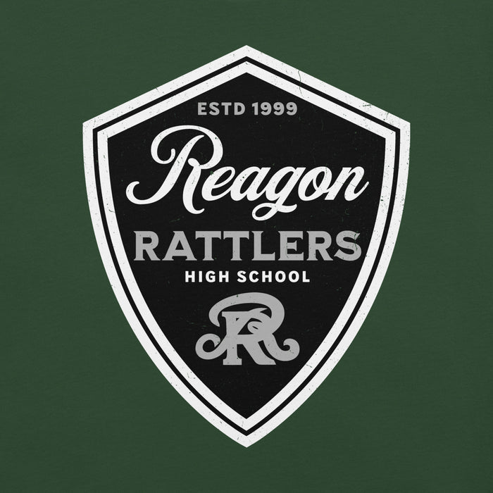 Close-up view of Reagan High School Rattlers Dark Green Premium Unisex T-shirt 225