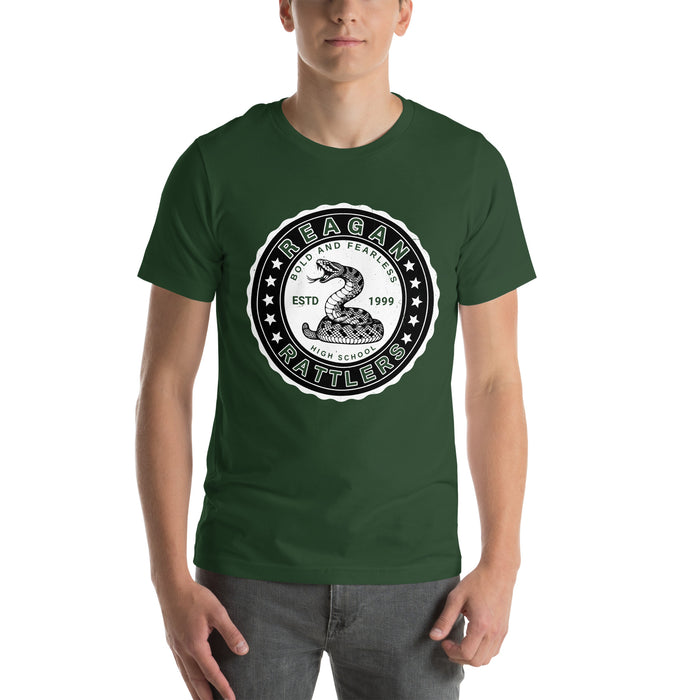 Man wearing Reagan High School Rattlers Dark Green Premium Unisex T-shirt 216