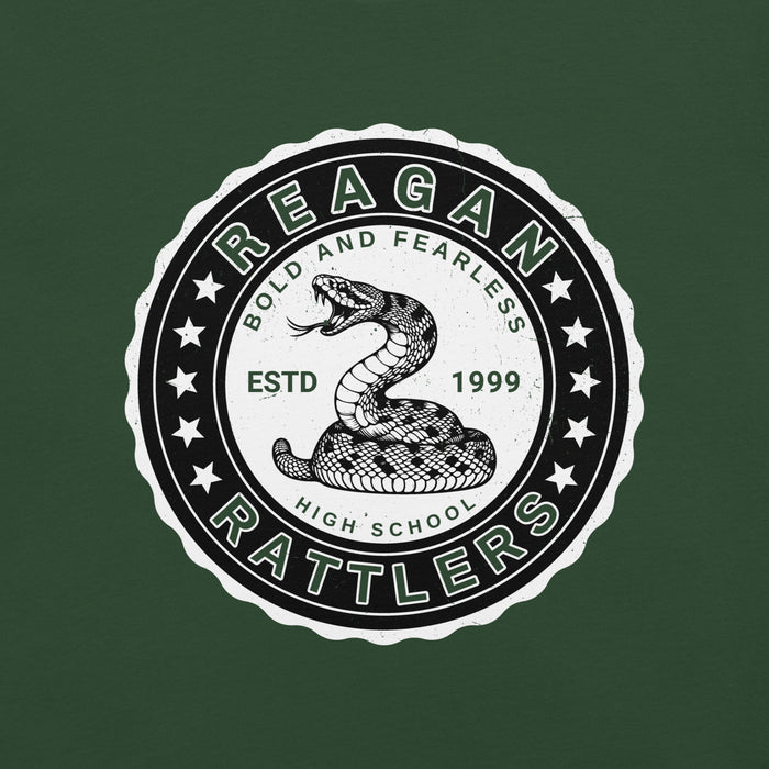 Close-up view of Reagan High School Rattlers Dark Green Premium Unisex T-shirt 216