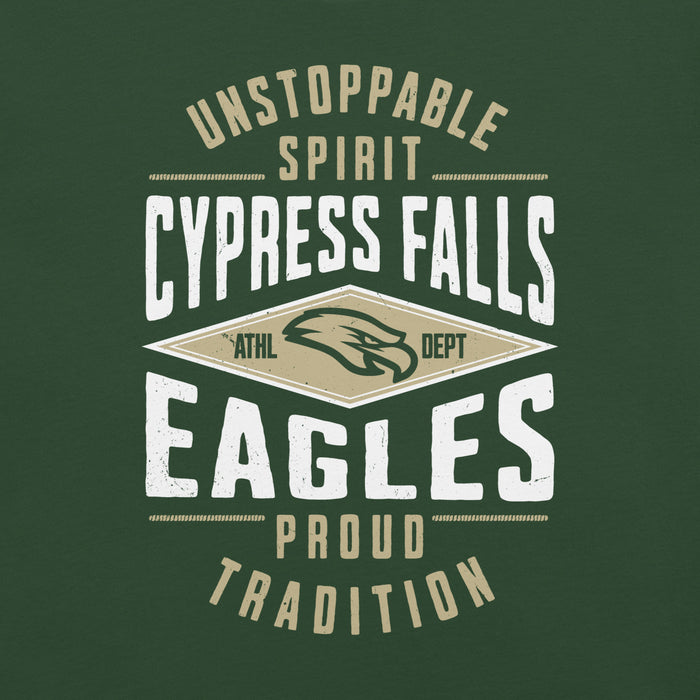 Close-up view of Cypress Falls High School Eagles Forest Green Premium Unisex T-shirt 210