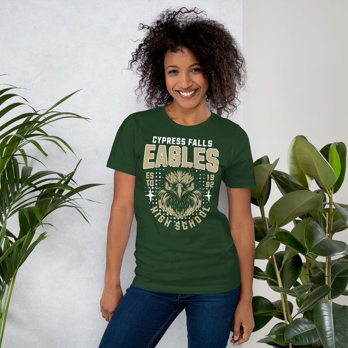 Woman wearing Cypress Falls High School Eagles Forest Green Premium Unisex T-shirt 204