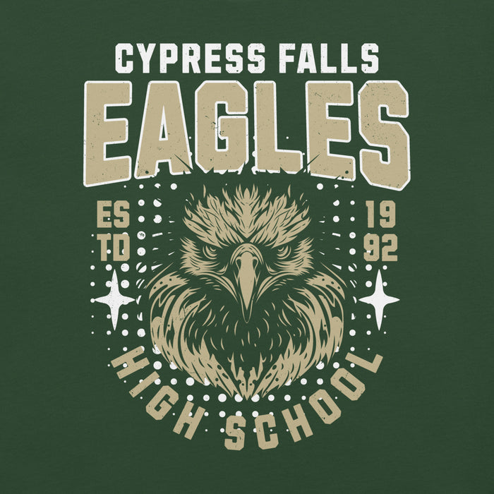 Close-up view of Cypress Falls High School Eagles Forest Green Premium Unisex T-shirt 204