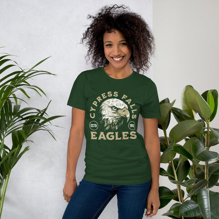 Woman wearing Cypress Falls High School Eagles Forest Green Premium Unisex T-shirt 208
