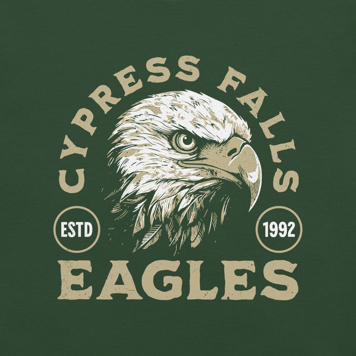 Close-up view of Cypress Falls High School Eagles Forest Green Premium Unisex T-shirt 208