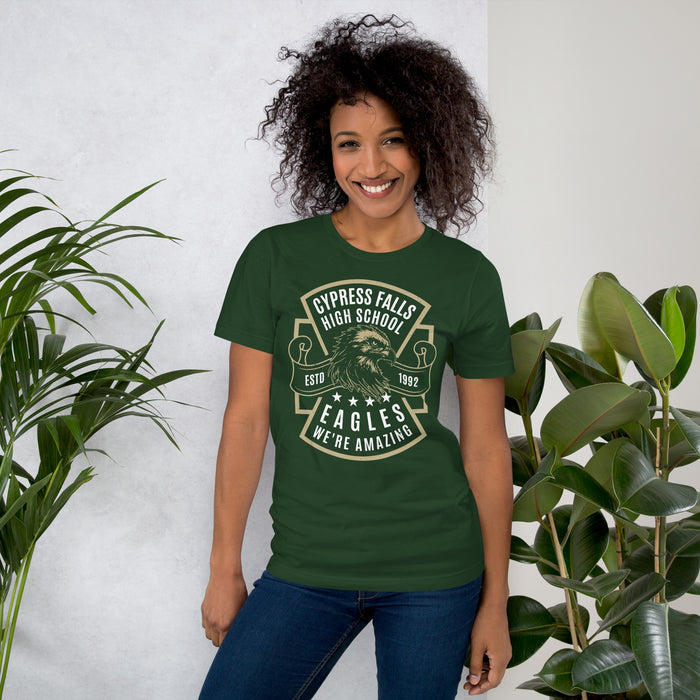 Woman wearing Cypress Falls High School Eagles Forest Green Premium Unisex T-shirt 207