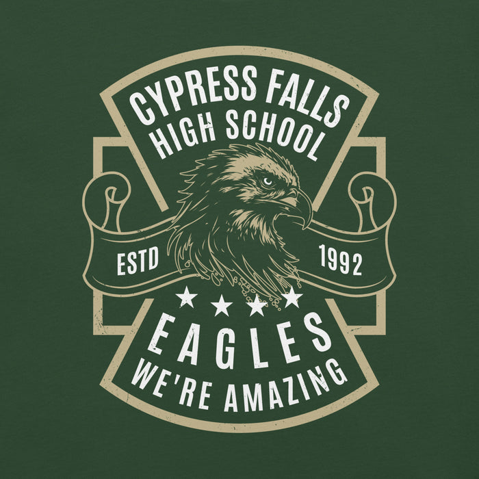 Close-up view of Cypress Falls High School Eagles Forest Green Premium Unisex T-shirt 207