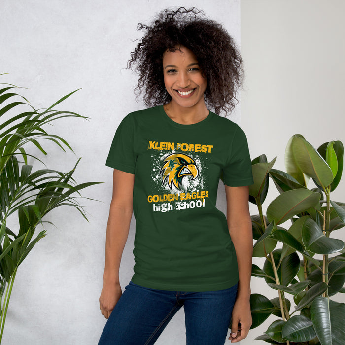Woman wearing Klein Forest High School Golden Eagles Premium Forest Green Unisex T-shirt 205