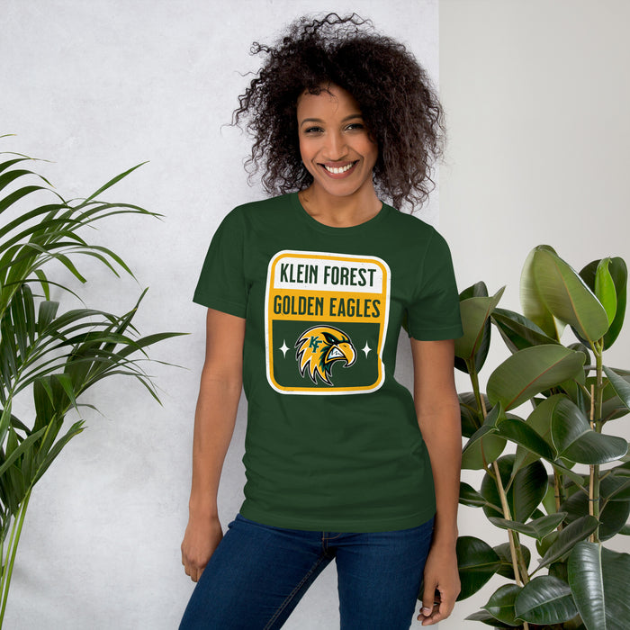 Woman wearing Klein Forest High School Golden Eagles Premium Forest Green Unisex T-shirt 001