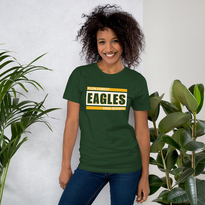 Woman wearing Klein Forest High School Golden Eagles Premium Forest Green Unisex T-shirt 098