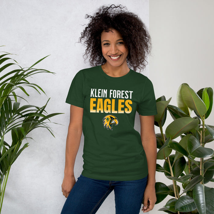 Woman wearing Klein Forest High School Golden Eagles Premium Forest Green Unisex T-shirt 024