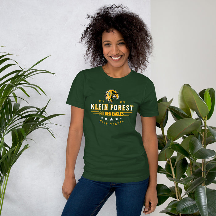 Woman wearing Klein Forest High School Golden Eagles Premium Forest Green Unisex T-shirt 217