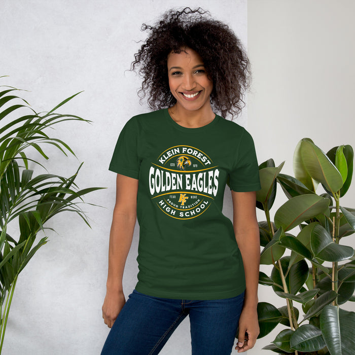 Woman wearing Klein Forest High School Golden Eagles Premium Forest Green Unisex T-shirt 218