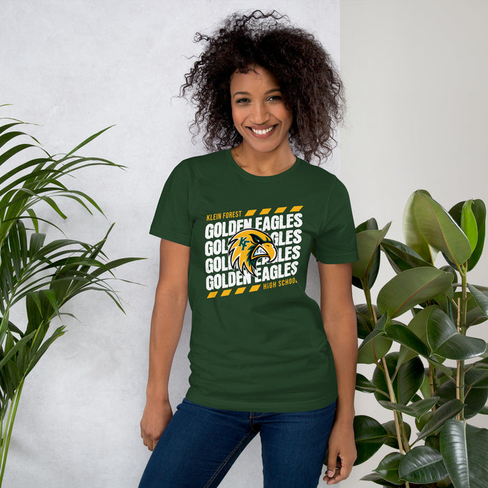 Woman wearing Klein Forest High School Golden Eagles Premium Forest Green Unisex T-shirt 223