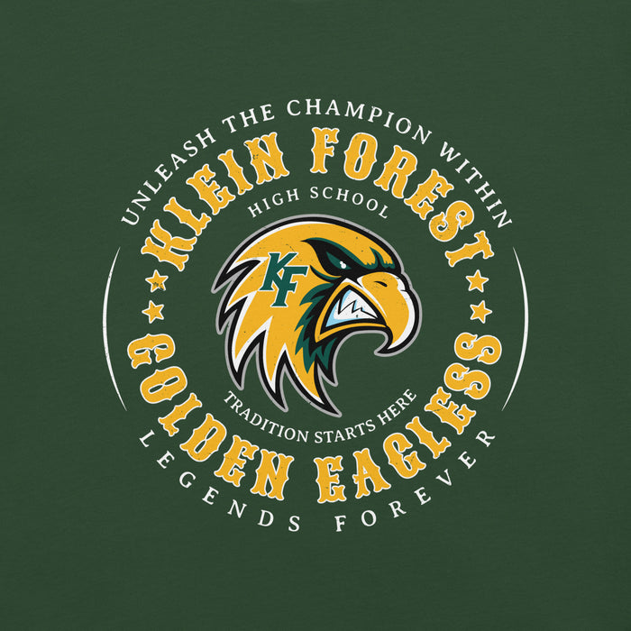 Close-up view of Klein Forest High School Golden Eagles Premium Forest Green Unisex T-shirt 214